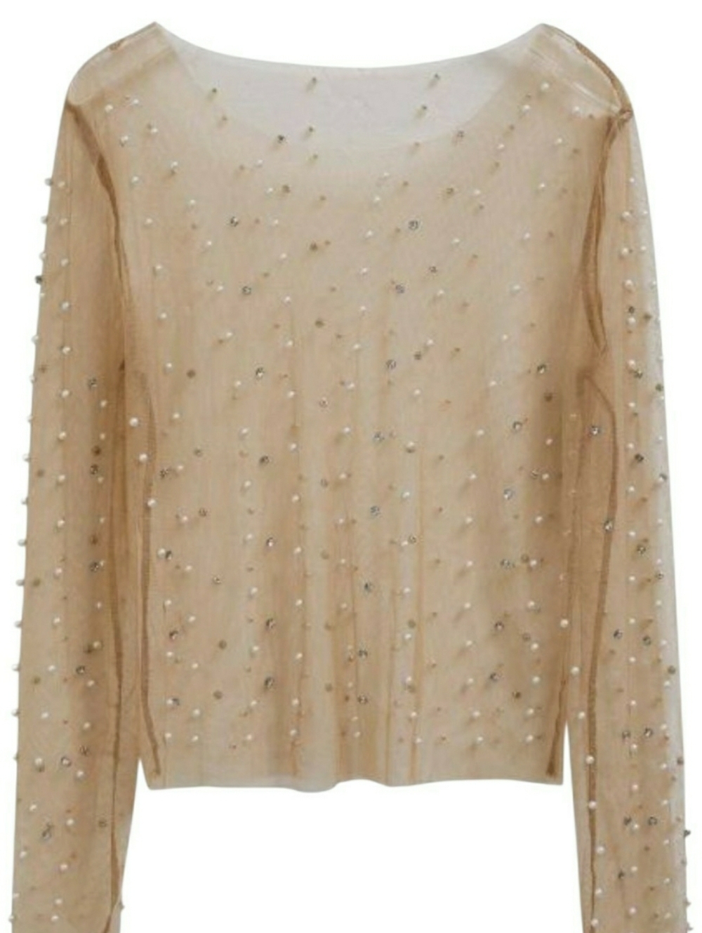 Gemstone Pearl & Rhinestone Embellished Sheer Mesh Long Sleeve Top - Size 1X